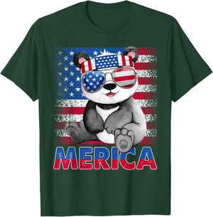 Funny Merica Panda Bear With USA Flag Headband 4th Of July Women Kids Men T-Shirt - T-Shirt | Forest