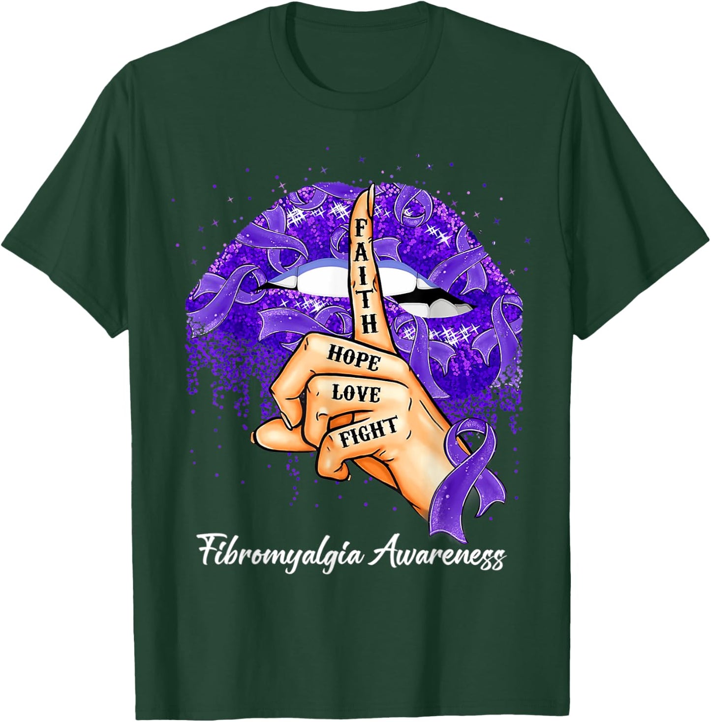 Faith Hope Love Fight Purple Ribbon Fibromyalgia Awareness T-Shirt - T-Shirt | Forest