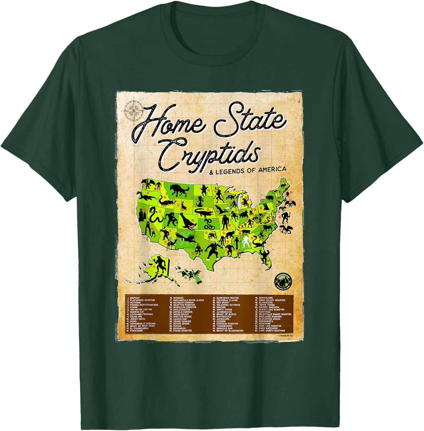 Home State Cryptids & Legends of America Cryptozoology Map T-Shirt - T-Shirt | Forest