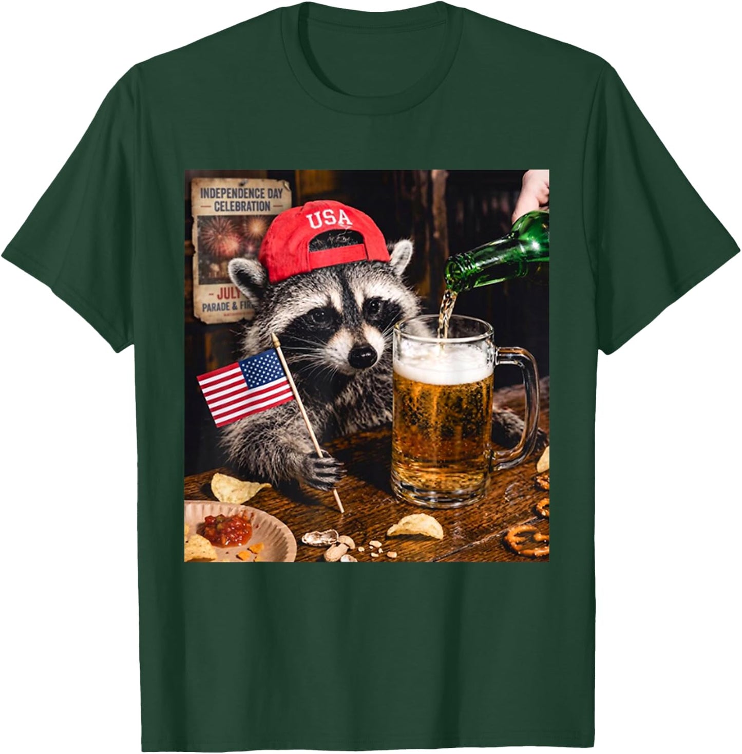 Funny Raccoon Drinking Beer Patriotic USA Flag 4th of July T-Shirt - T-Shirt | Forest