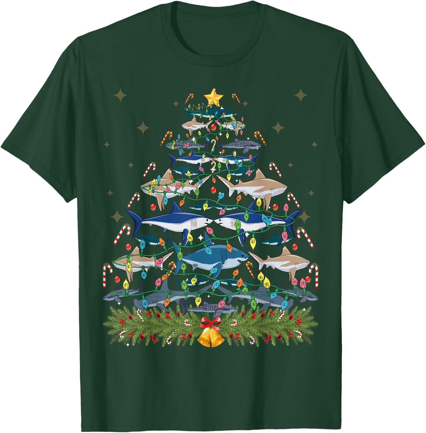 Funny Shark Christmas Tree Xmas Santa Claus Lights Gift T-Shirt - T-Shirt | Forest