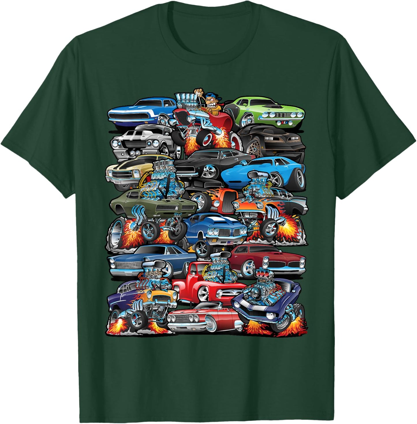 Car Madness! Muscle Cars Classic Cars and Hotrods Cartoon T-Shirt - T-Shirt | Forest