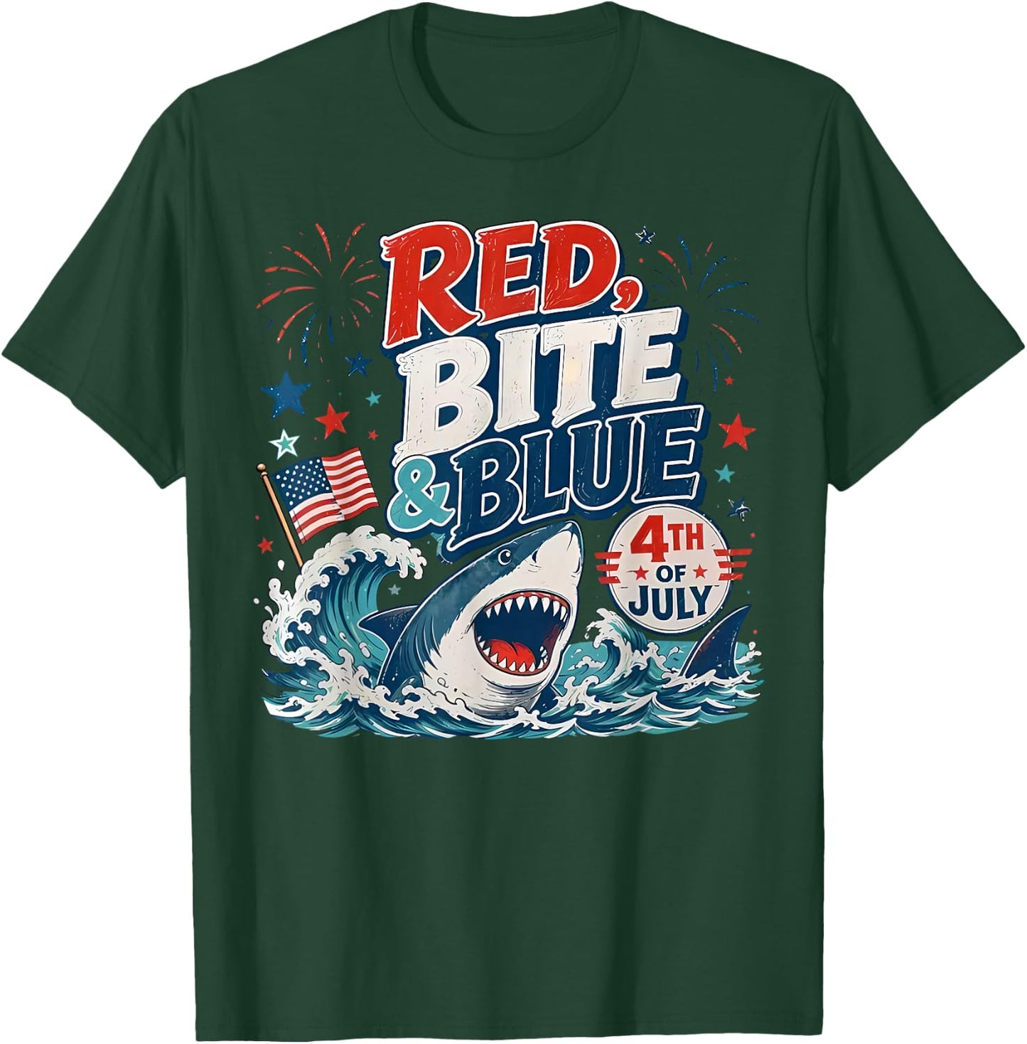 Red Bite & Blue Shark Funny 4th of July Patriotic Summer T-Shirt - T-Shirt | Forest