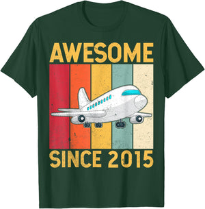 Awesome Since 2015 Airplane Pilot 10 Years Old 10th Birthday T-Shirt - T-Shirt | Forest