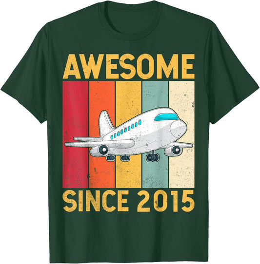 Awesome Since 2015 Airplane Pilot 10 Years Old 10th Birthday T-Shirt - T-Shirt | Forest