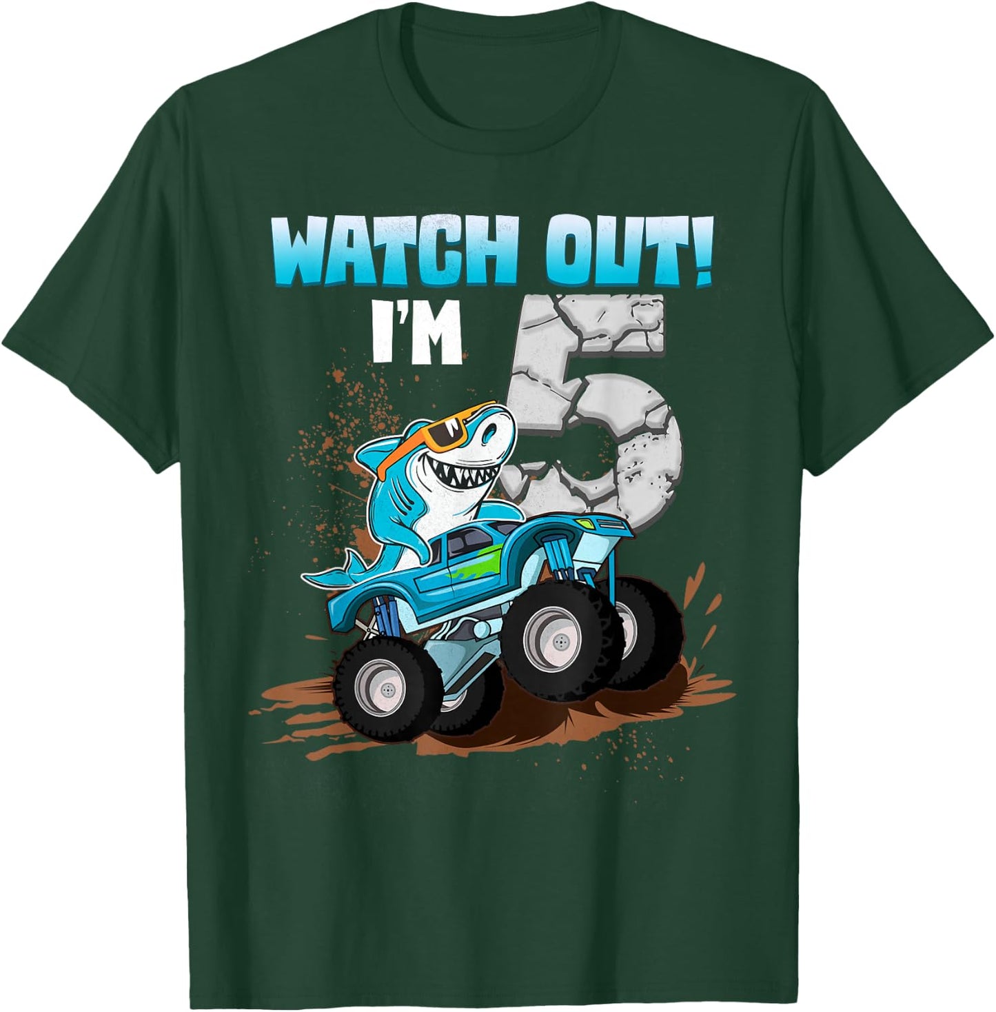 5 Years Old 5th Birthday Shark Boy Girl Monster Truck Gamer T-Shirt - T-Shirt | Forest