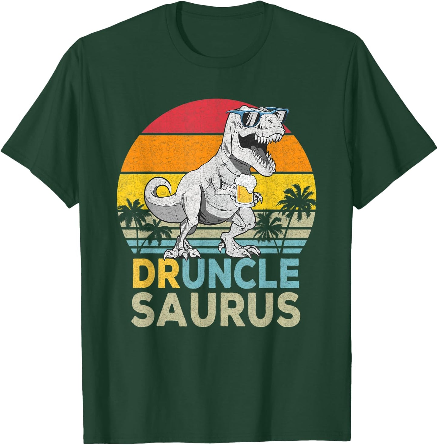 Drunclesaurus T Rex Dinosaur Funny Drunk Uncle Saurus Retro T-Shirt - T-Shirt | Forest