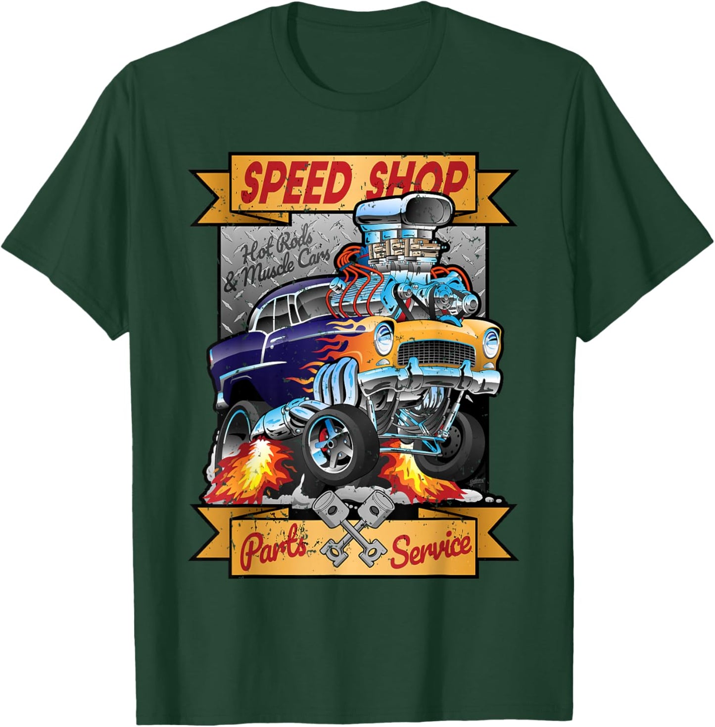 Retro Speed Shop Hotrod Classic Muscle Car Cartoon Graphic T-Shirt - T-Shirt | Forest