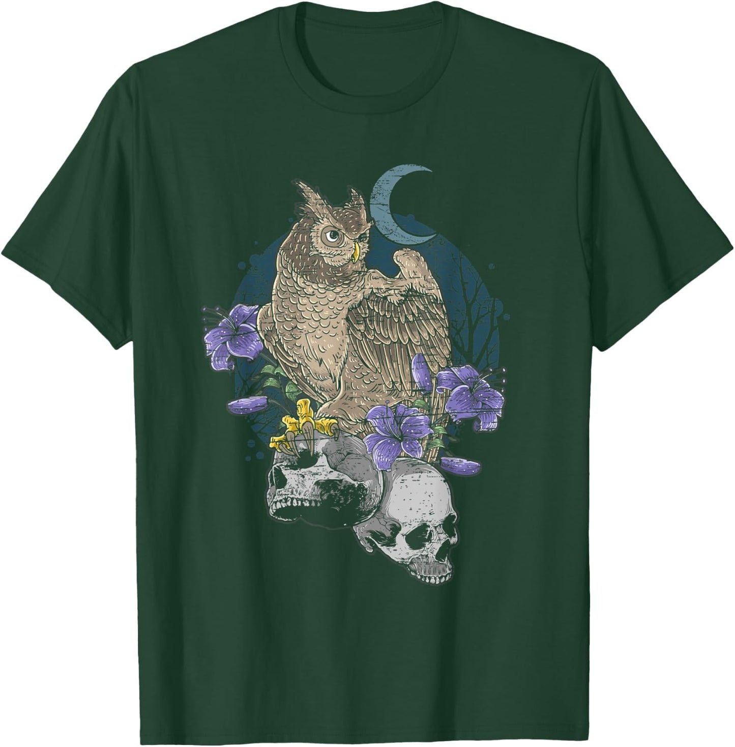 Owl on Skulls with Purple Flowers & Moon Distressed Design T-Shirt - T-Shirt | Forest