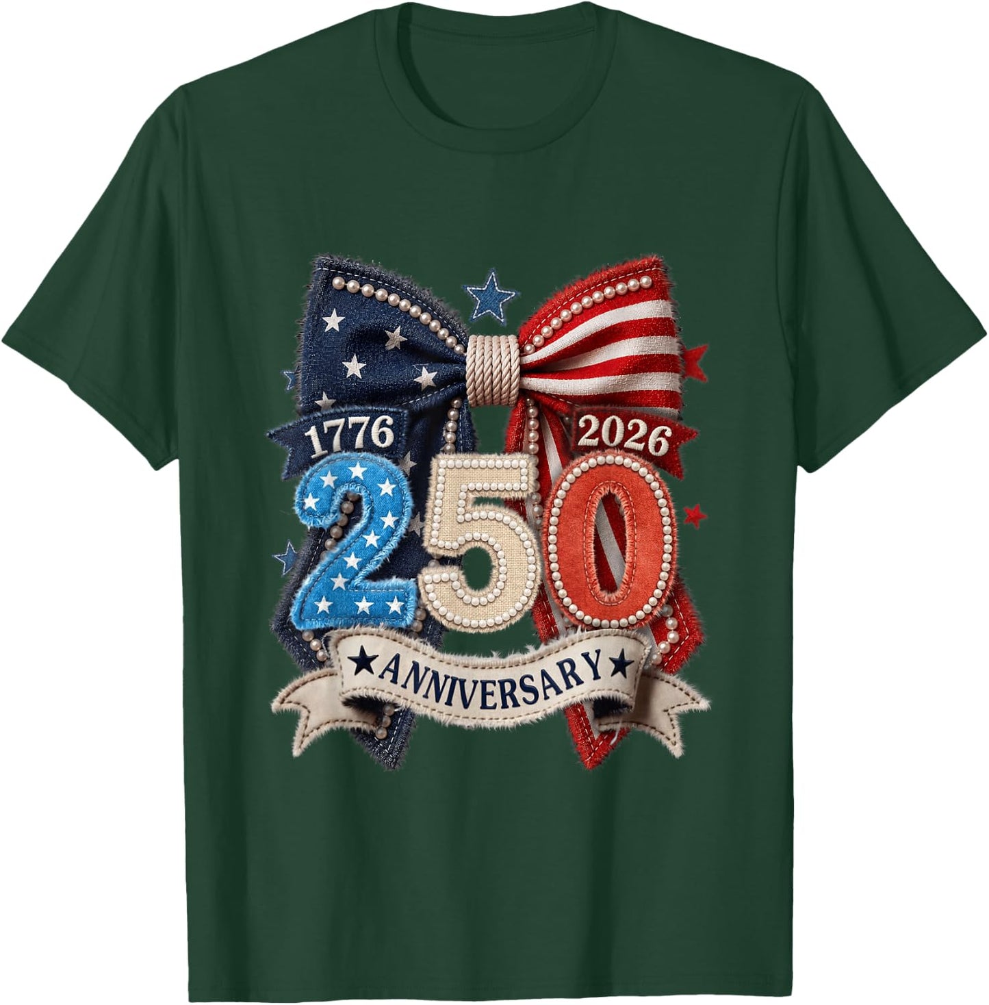 American Flag Bow 250th Anniversary Patriotic Women Pride T-Shirt - T-Shirt | Forest