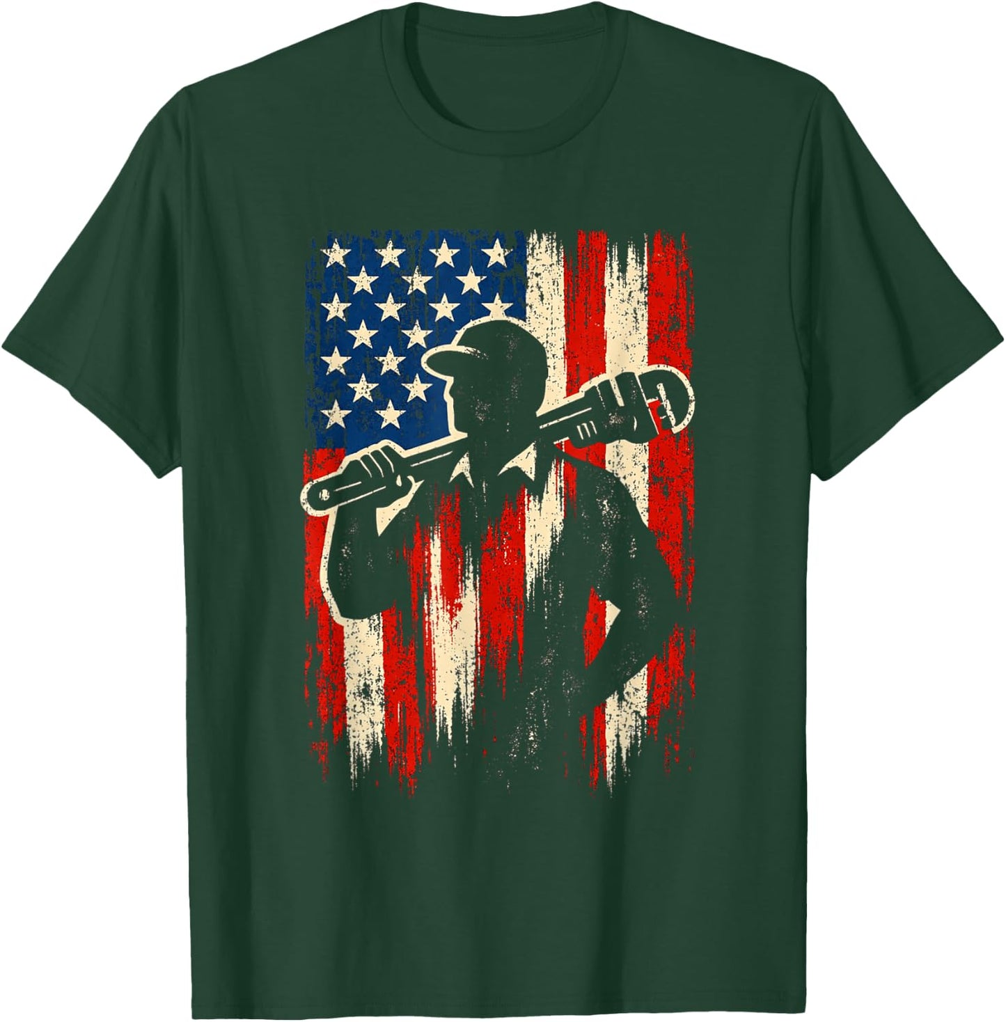 American Flag Plumber Pipefitter Silhouette Pipe Wrench T-Shirt - T-Shirt | Forest