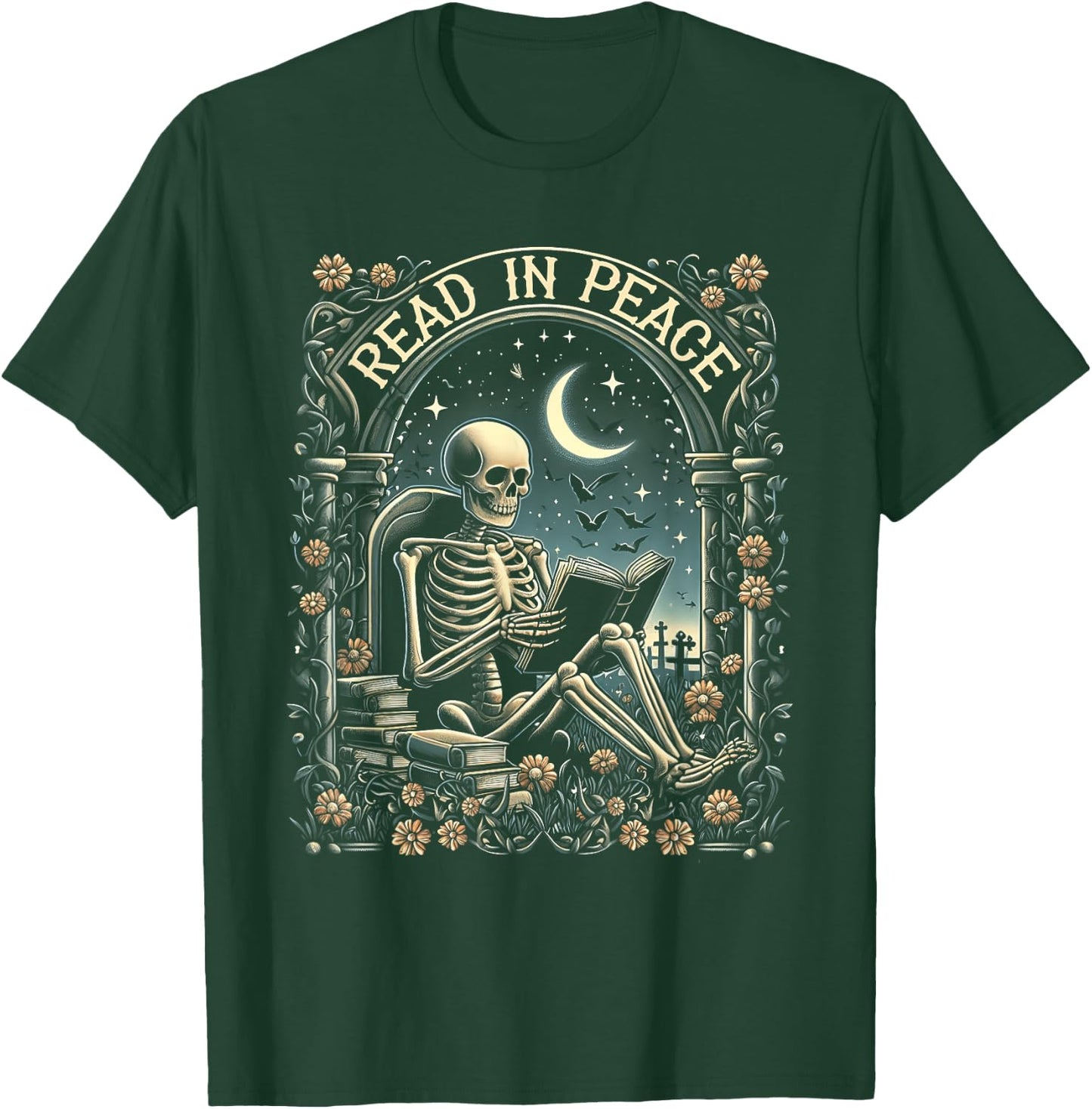 Read In Peace Skeleton Reading Teacher Halloween Book Lover T-Shirt - T-Shirt | Forest