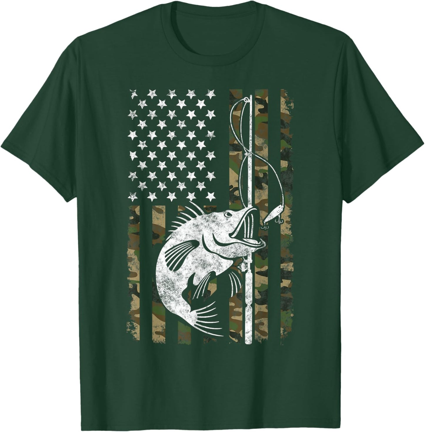 Camouflage American Flag Bass Fishing Gift Fisherman T-Shirt - T-Shirt | Forest