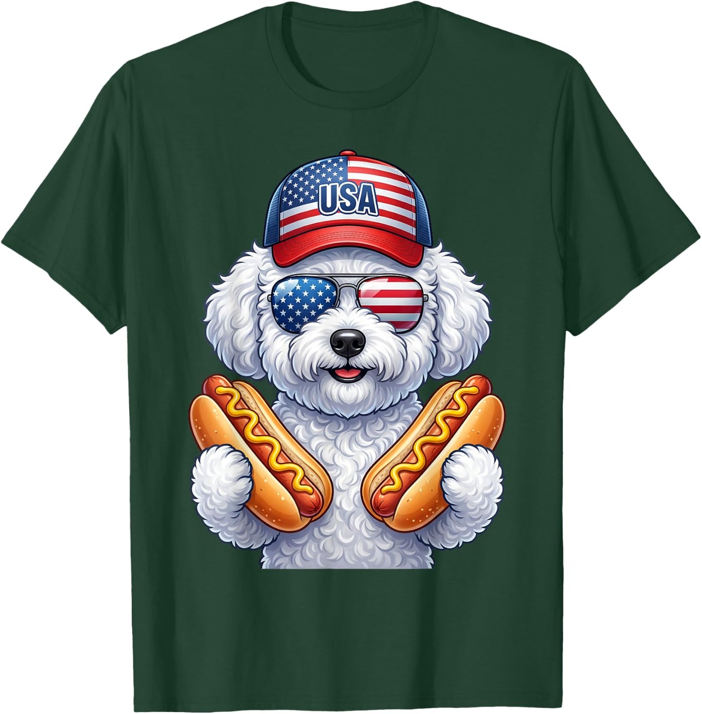 4th of July Hotdog Bichon Frise Funny Patriotic USA Flag T-Shirt - T-Shirt | Forest