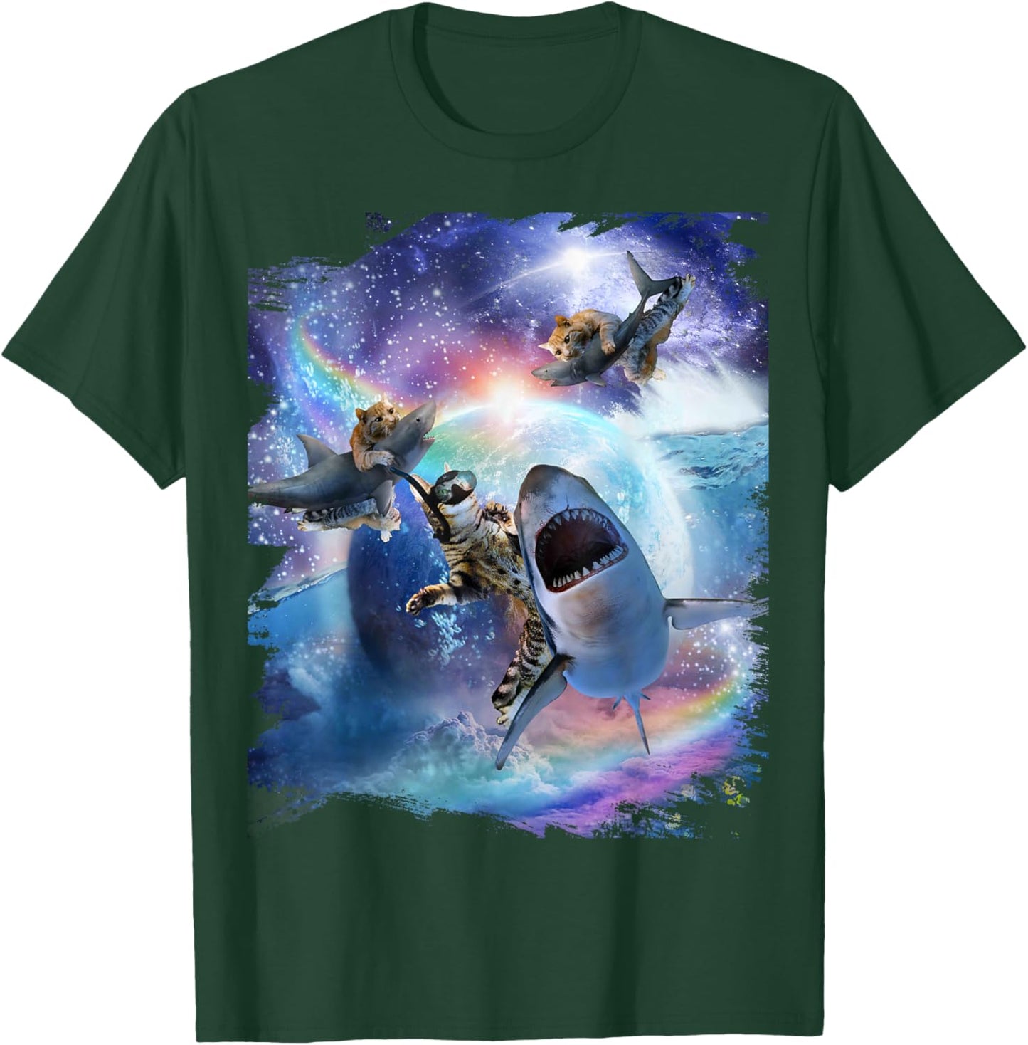 Rainbow Galaxy Cat Riding Shark in Space T-Shirt - T-Shirt | Forest