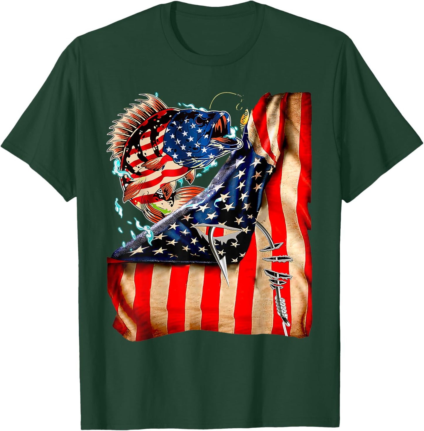 FUNNY 4th of JULY FISHING Fish American Flag ON BACK 98 T-Shirt - T-Shirt | Forest