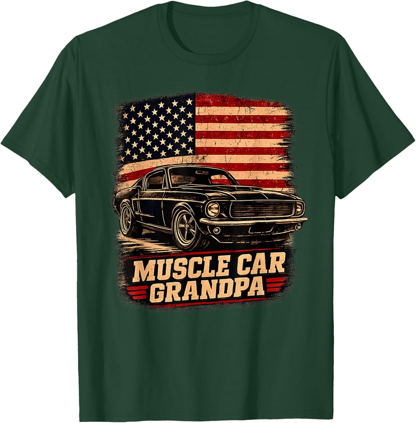 Muscle Car Grandpa Classic Car Vintage USA Flag Patriotic T-Shirt - T-Shirt | Forest