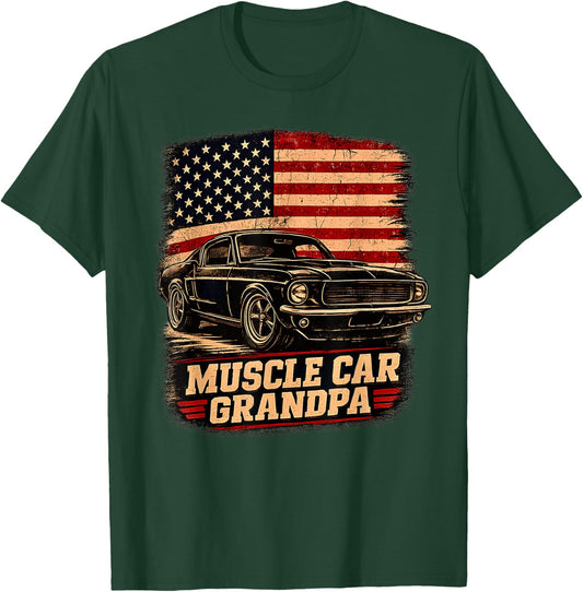 Muscle Car Grandpa Classic Car Vintage USA Flag Patriotic T-Shirt - T-Shirt | Forest