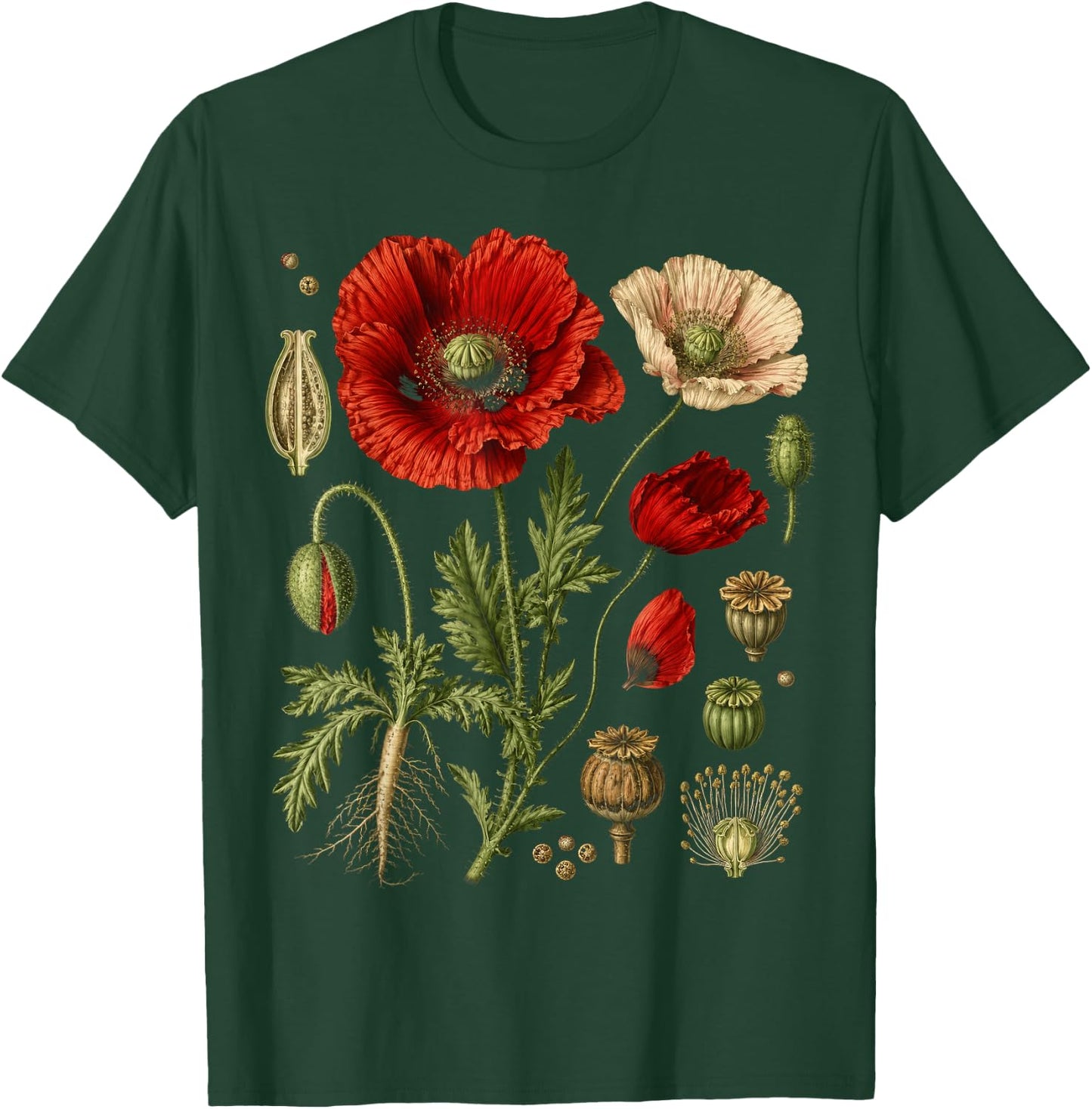 Vintage Botanical Red Poppy Flower Study T-Shirt - T-Shirt | Forest