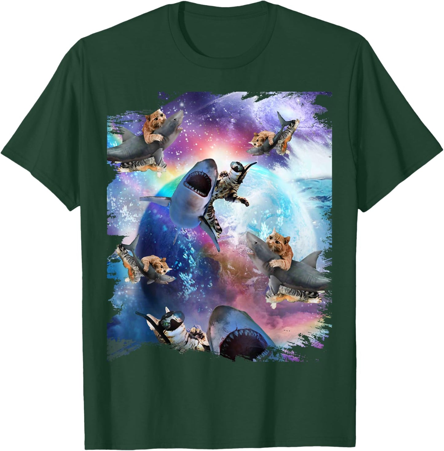 Space Cat Riding Shark Galaxy Rainbow Cats on Sharks Women Kids T-Shirt - T-Shirt | Forest