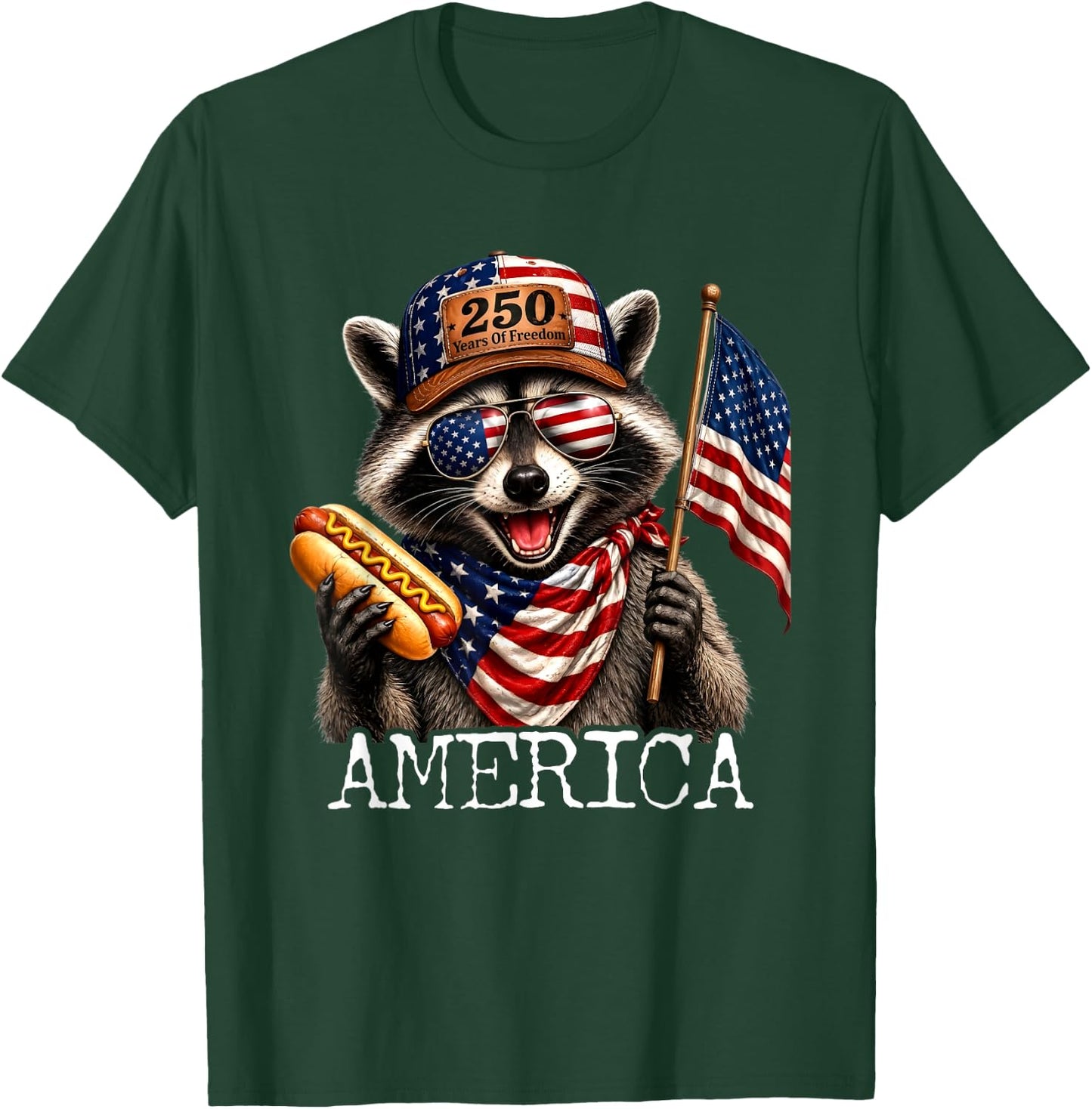 America Meme Raccoon Hot Dog 250 Years 1776 2026 4th of July T-Shirt - T-Shirt | Forest