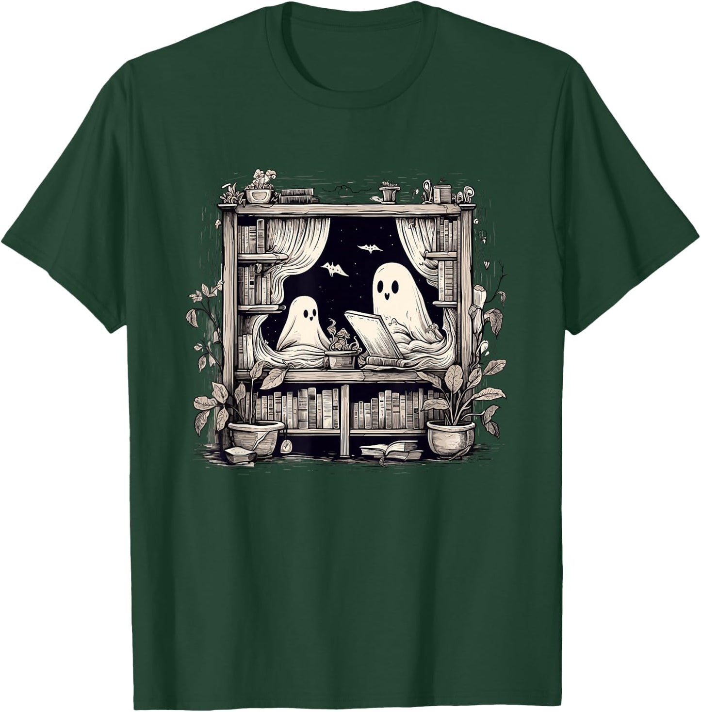 Spooky Ghosts Reading Books Library Bookworm Retro Bookish T-Shirt - T-Shirt | Forest