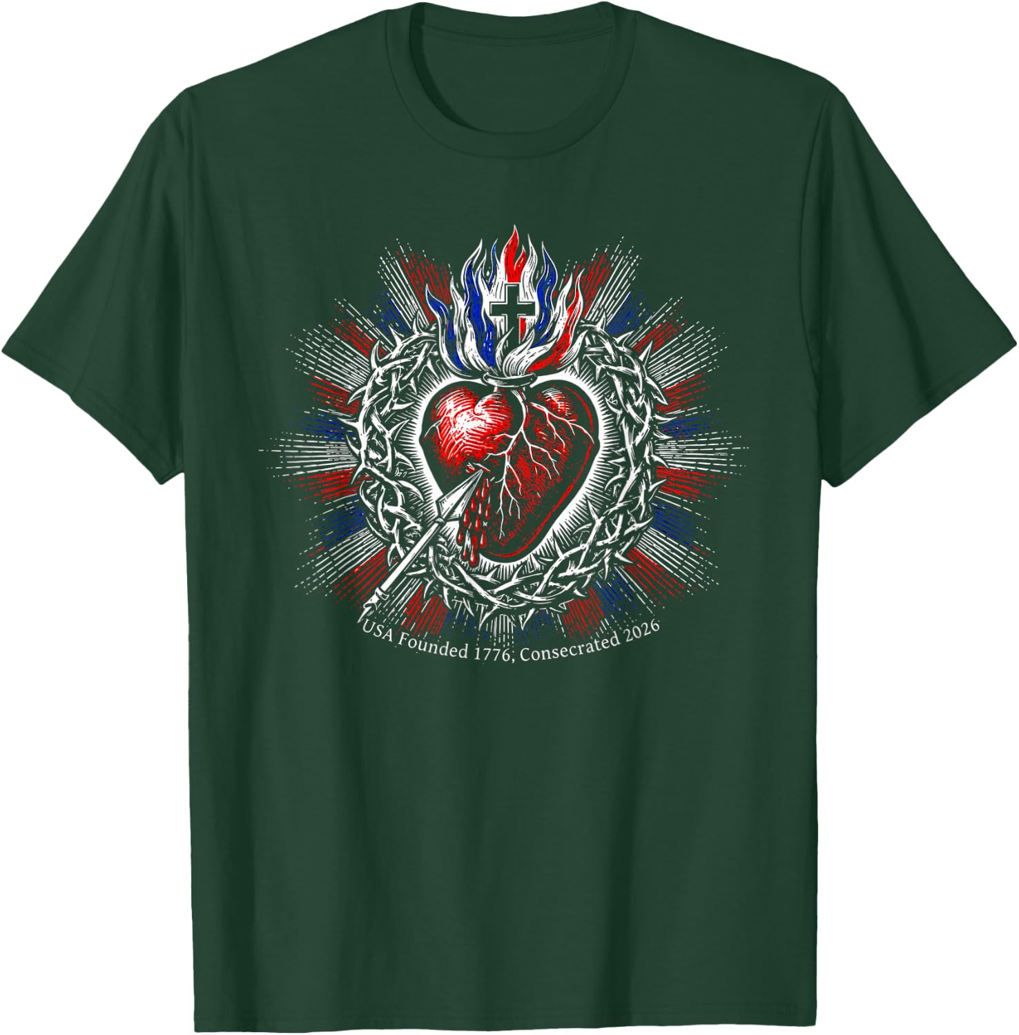 USA Founded 1776 Consecrated 2026 Holy Heart Catholic Art T-Shirt - T-Shirt | Forest