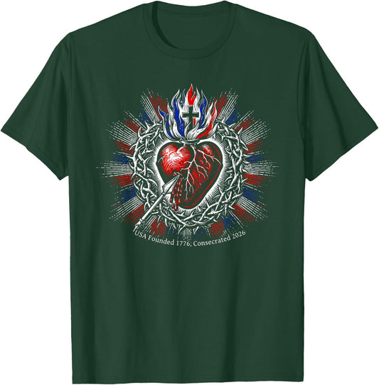 USA Founded 1776 Consecrated 2026 Holy Heart Catholic Art T-Shirt - T-Shirt | Forest