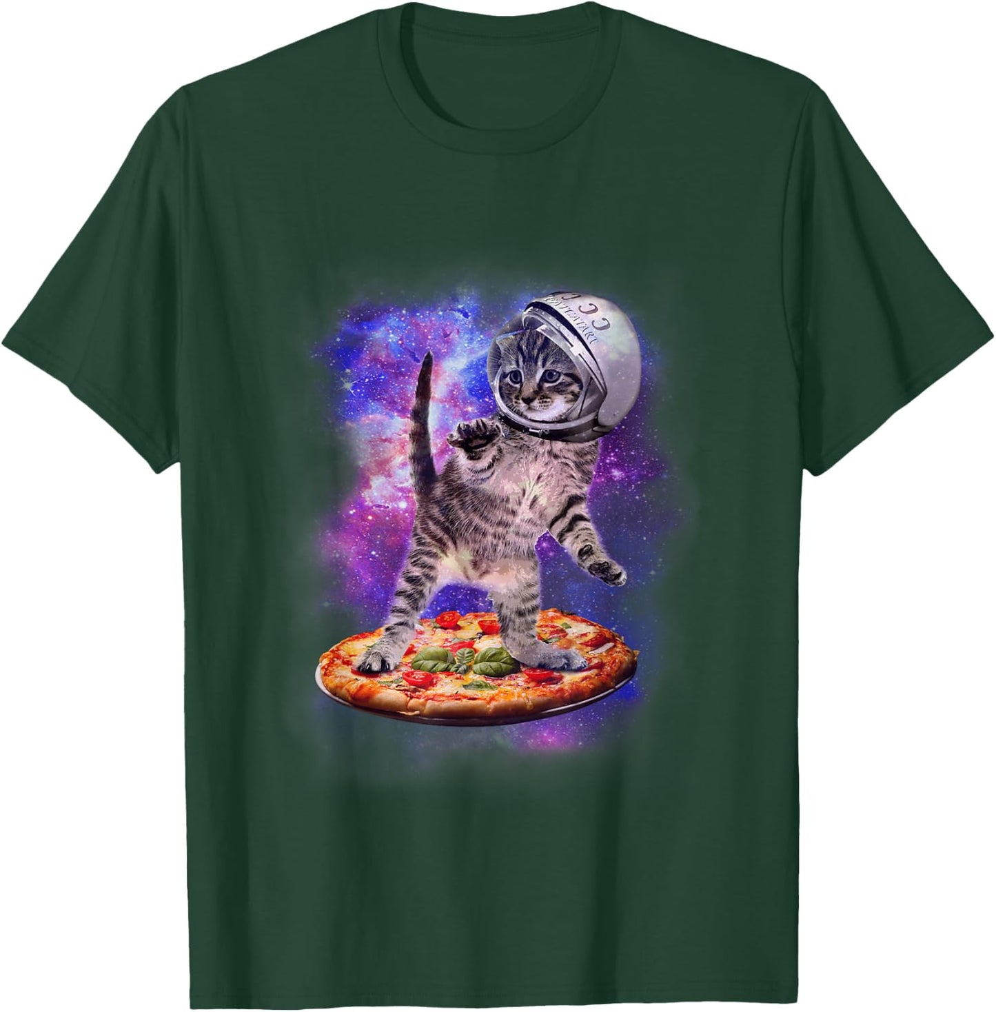 Funny Cat Flying A Pizza Astronaut Kitten Space T-Shirt - T-Shirt | Forest