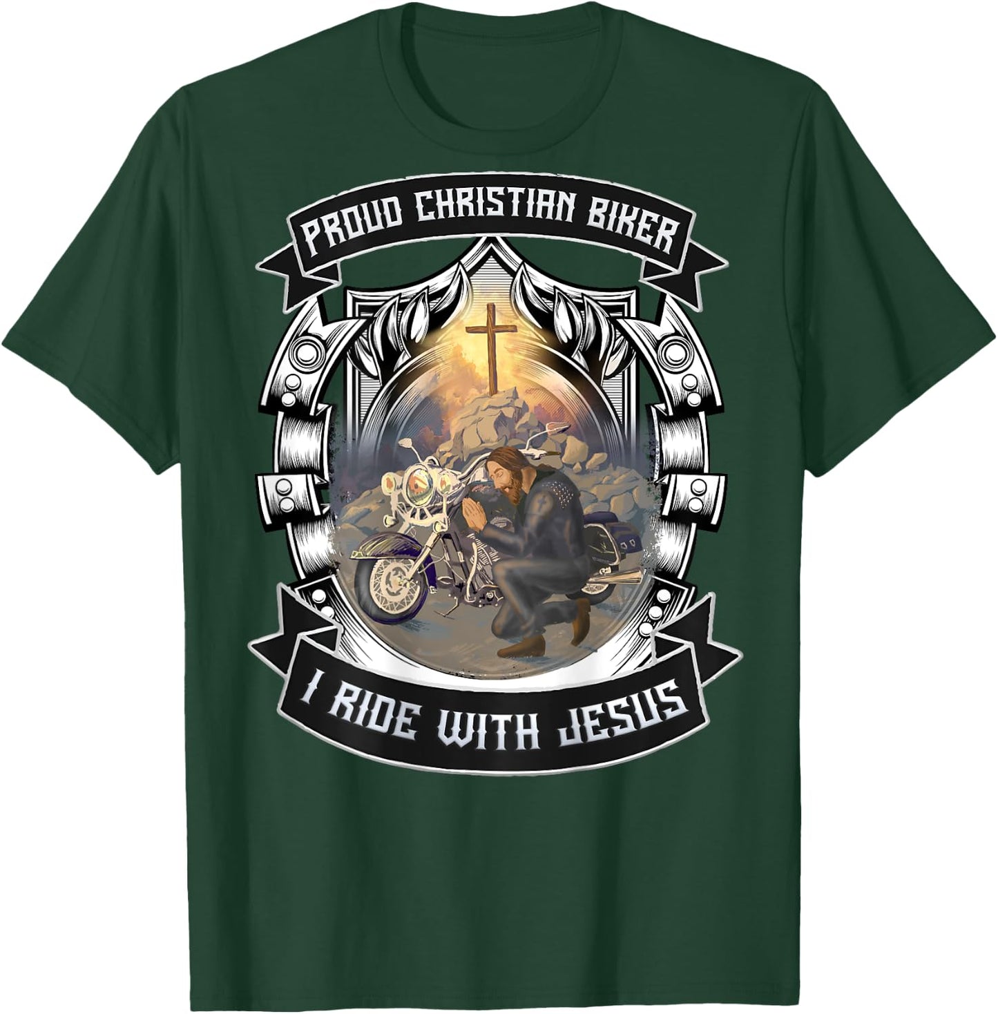 Christian Biker I Ride With Jesus Artwork Motorcycle Prayer T-Shirt - T-Shirt | Forest