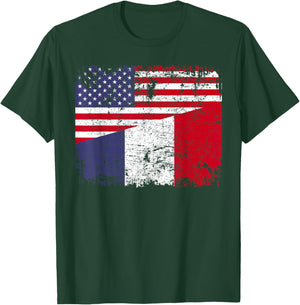 FRENCH ROOTS | Half American Flag | USA FRANCE FLAG T-Shirt - T-Shirt | Forest