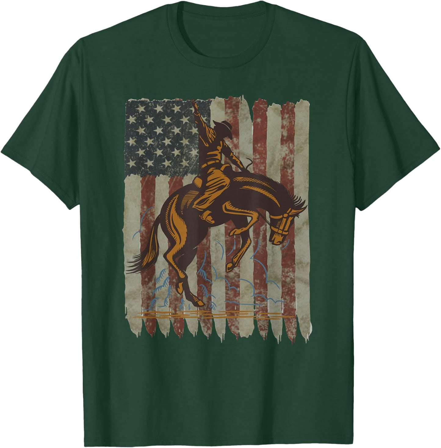 Patriotic Rodeo Bronc Rider American Flag Cowboys Riding T-Shirt - T-Shirt | Forest