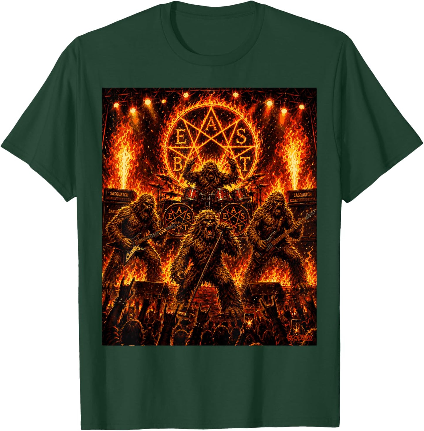 Bigfoot Heavy Metalband Beast - Sasquatch Rock Concert Comic T-Shirt - T-Shirt | Forest