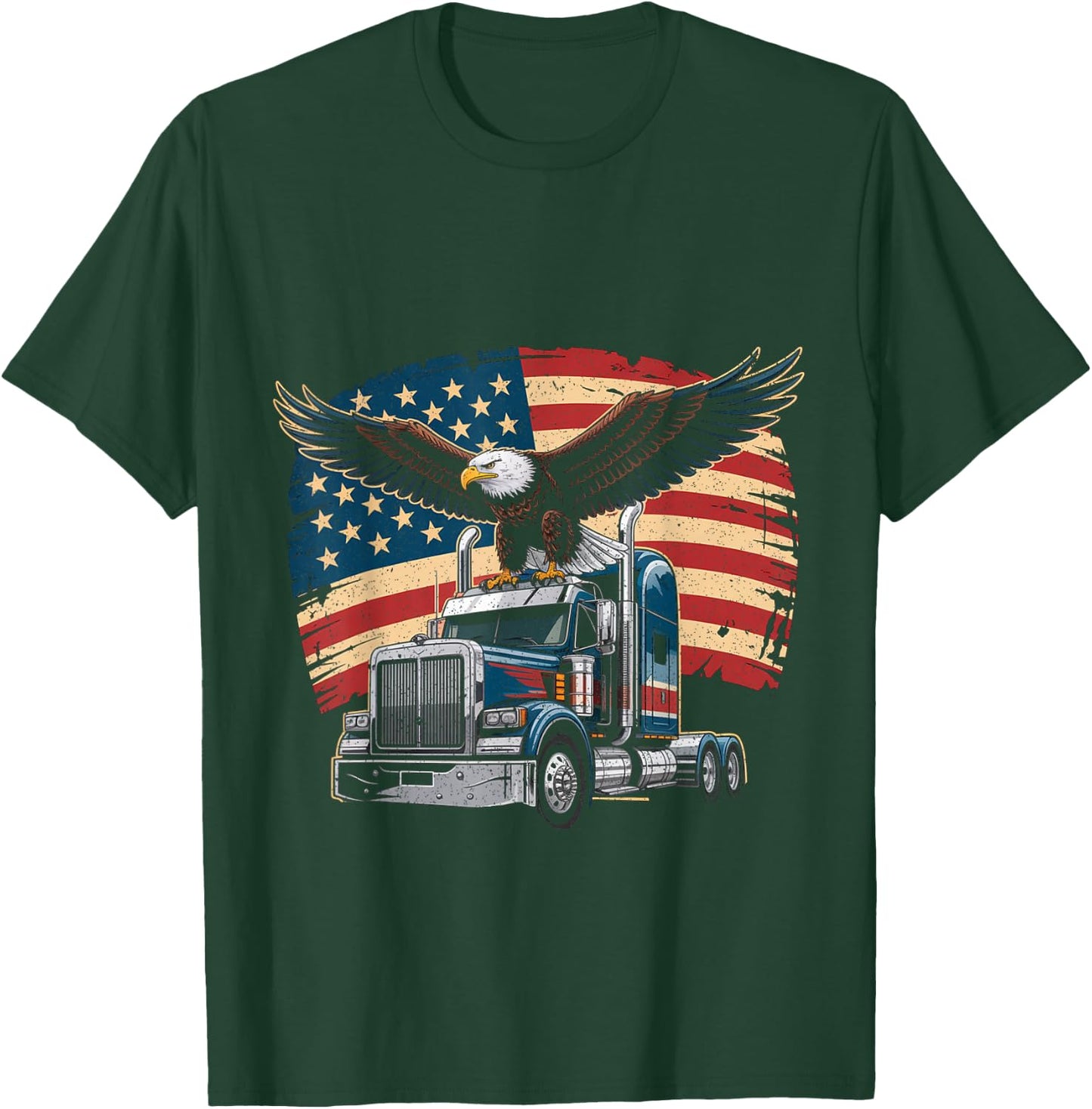 Trucker Patriotic American Flag Semi Truck Driver Eagle T-Shirt - T-Shirt | Forest