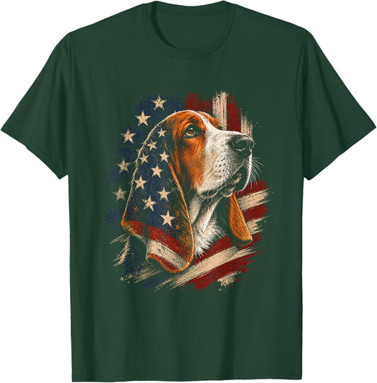 American Flag Basset Hound Artwork Design T-Shirt - T-Shirt | Forest