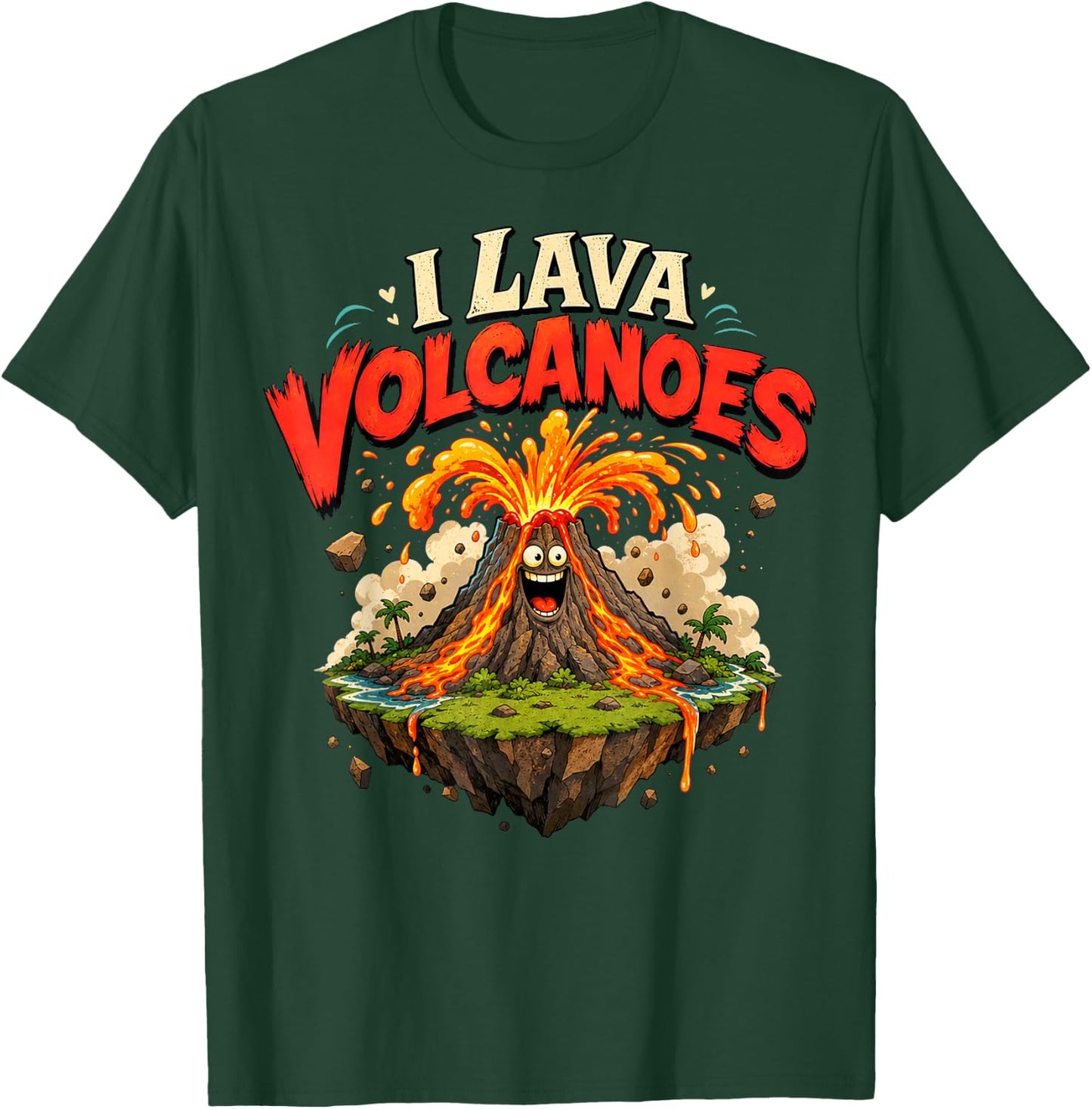 I Lava - Erupting Volcano Illustration on Floating Island T-Shirt - T-Shirt | Forest