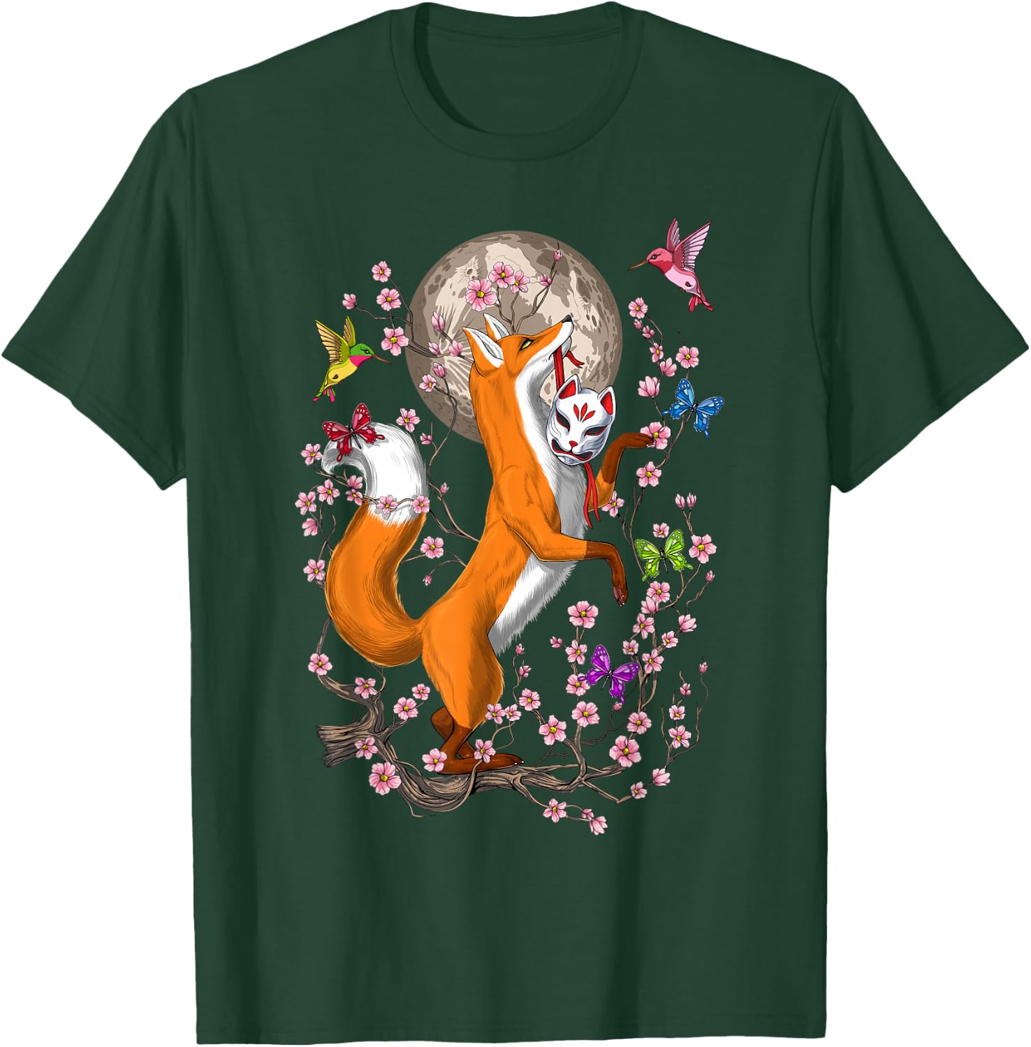 Japanese Fox Kitsune Nine Tailed Fox Cherry Blossom Small T-Shirt - T-Shirt | Forest