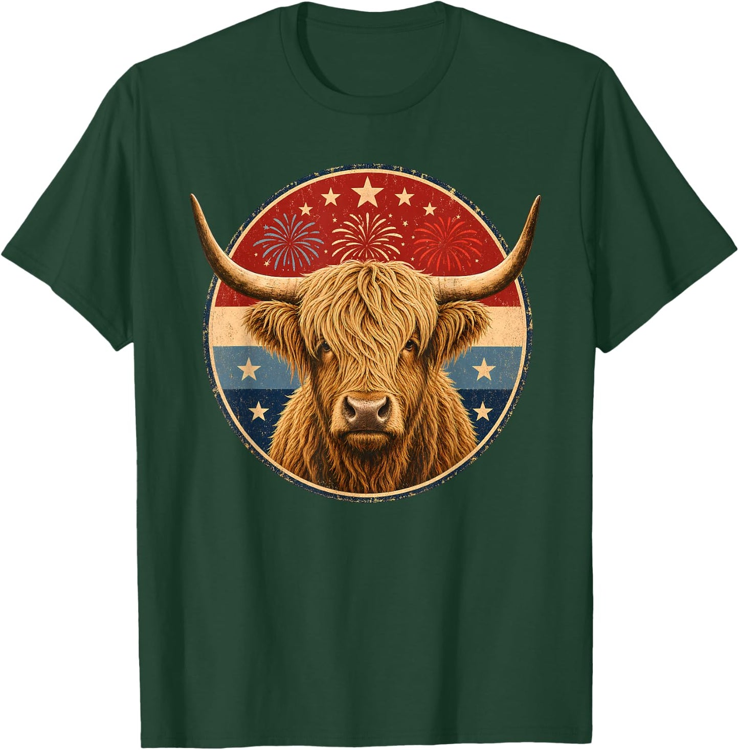 Vintage Highland Cow 4th of July USA American Flag Patriotic T-Shirt - T-Shirt | Forest