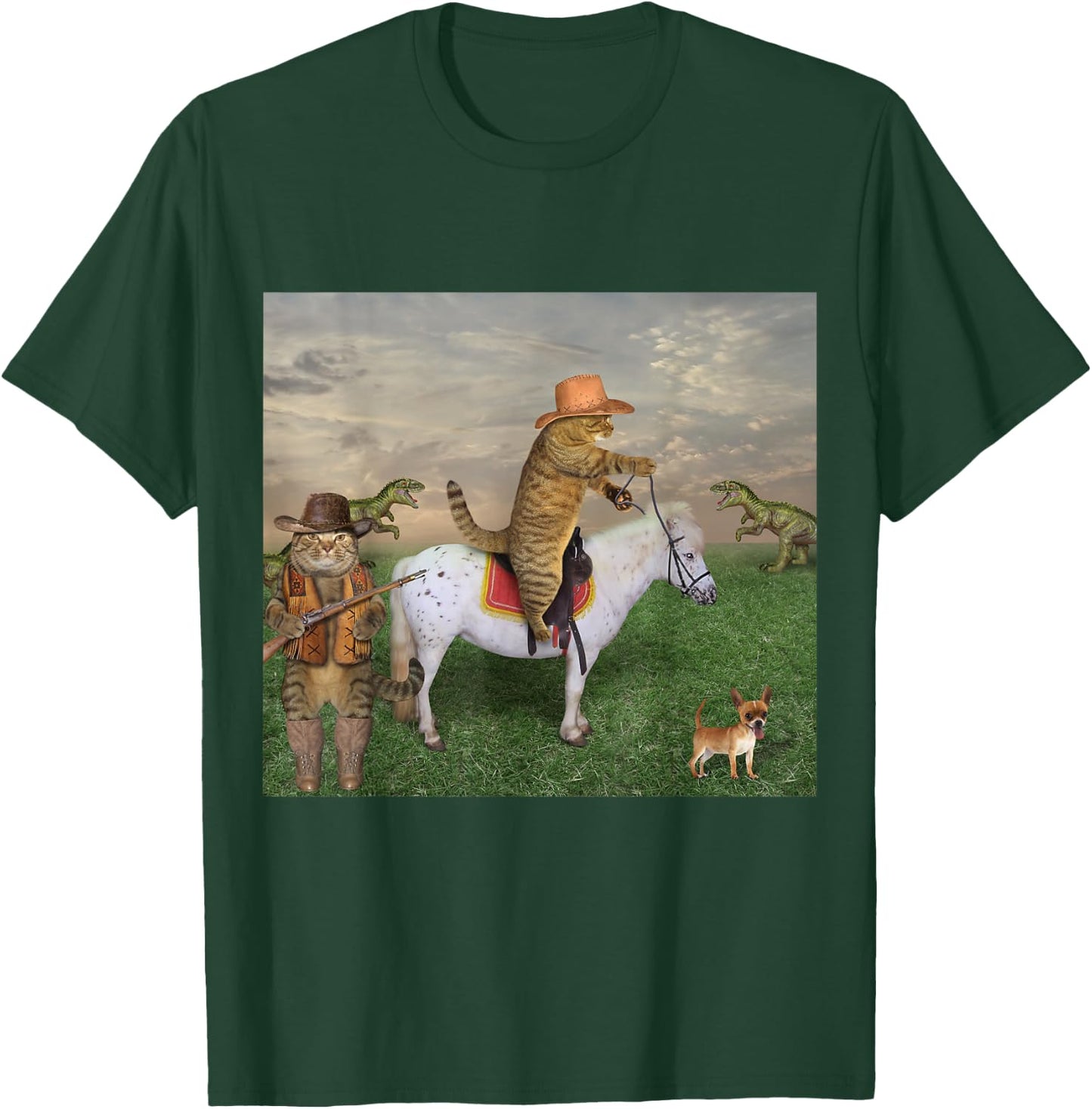 Cat on a Horse in a Cowboy Hat Dinosaurs in Background Funny T-Shirt - T-Shirt | Forest
