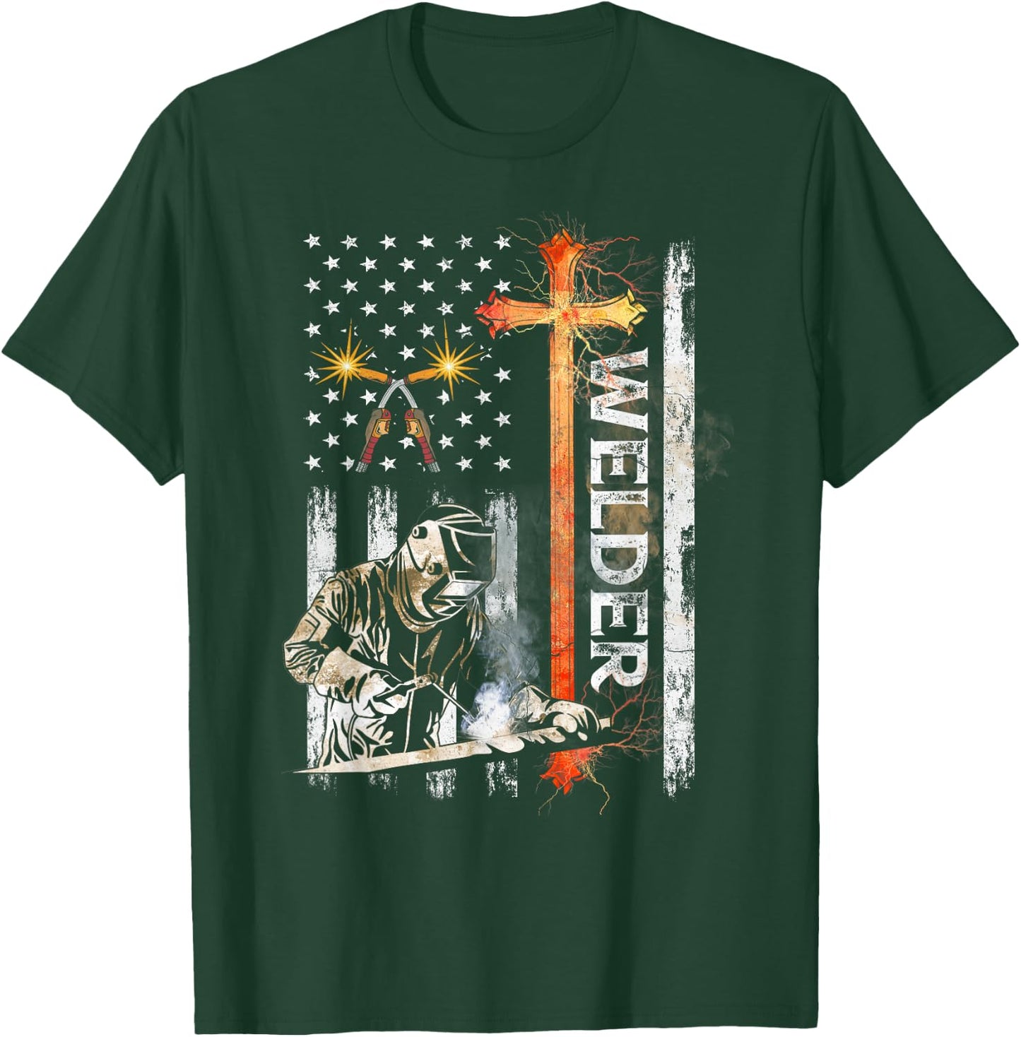 Welder American Flag Welding Faith Cross Christian T-Shirt - T-Shirt | Forest