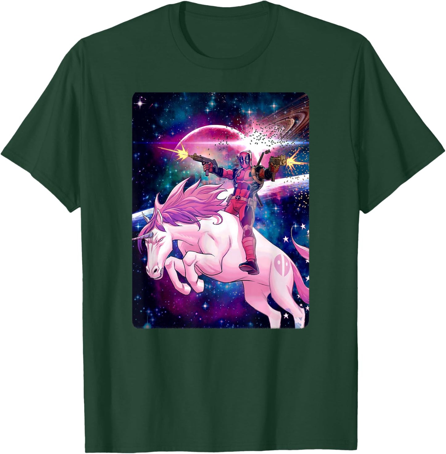 Marvel Deadpool in Space Unicorn Saddles Ablaze T-Shirt - T-Shirt | Forest