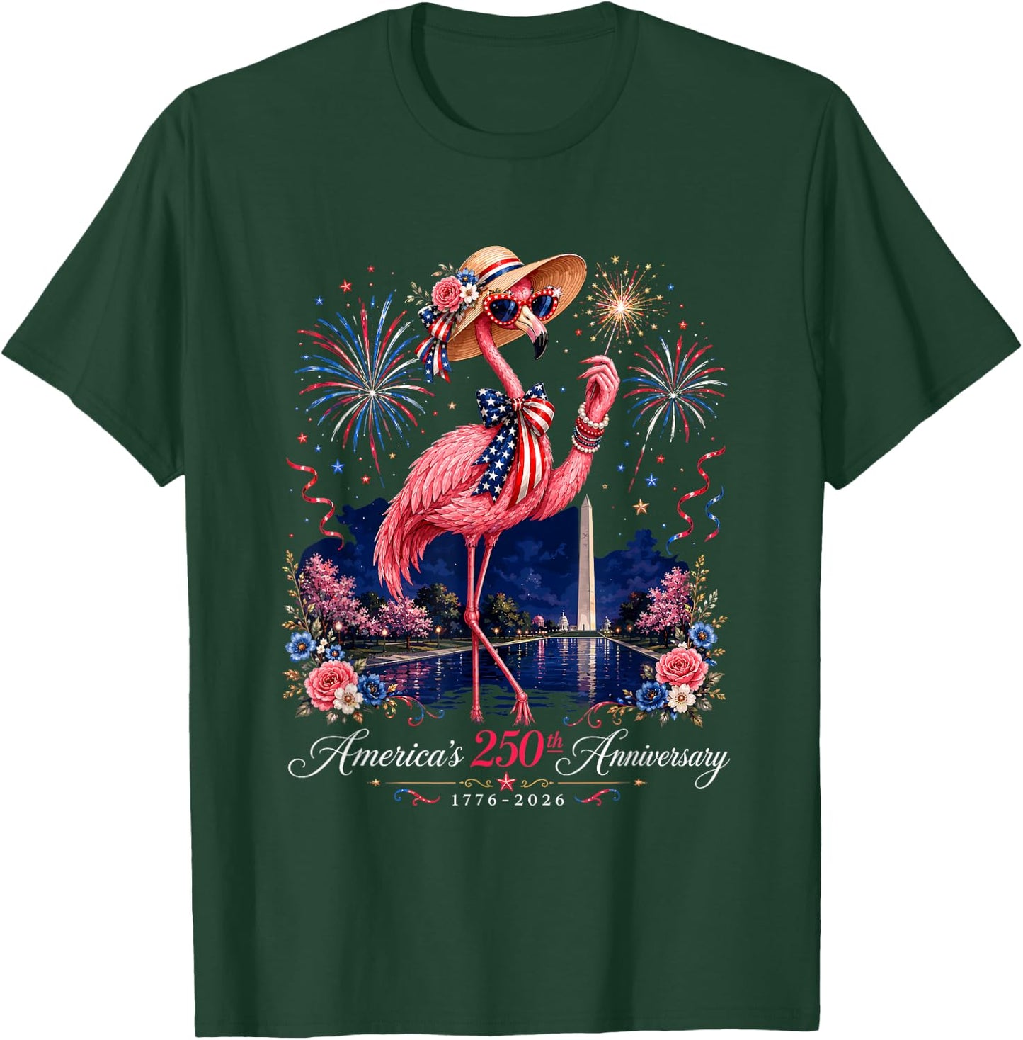 Patriotic Pink Flamingo Reflecting Pool 250 Years T-Shirt - T-Shirt | Forest