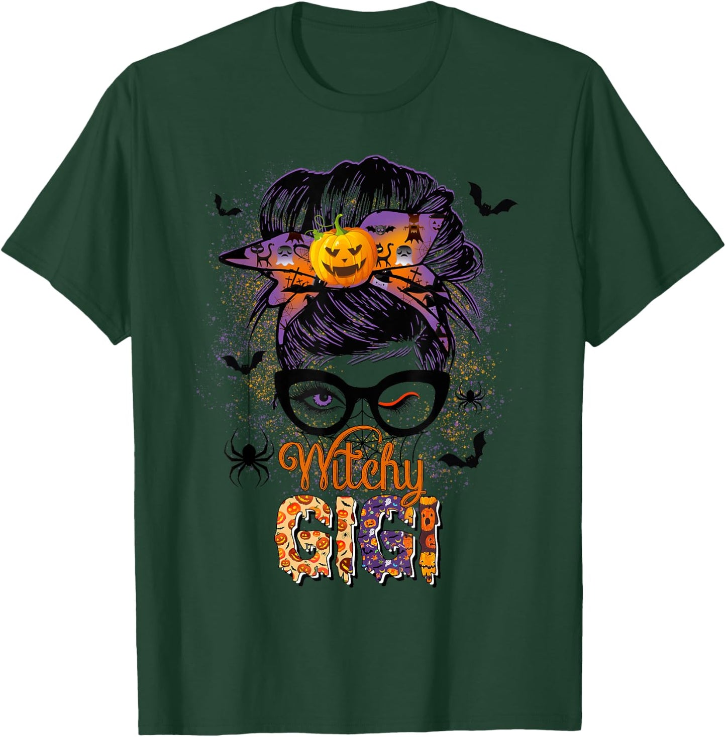 Witchy Gigi Messy Bun Spooky Witch Pumpkin Halloween T-Shirt - T-Shirt | Forest