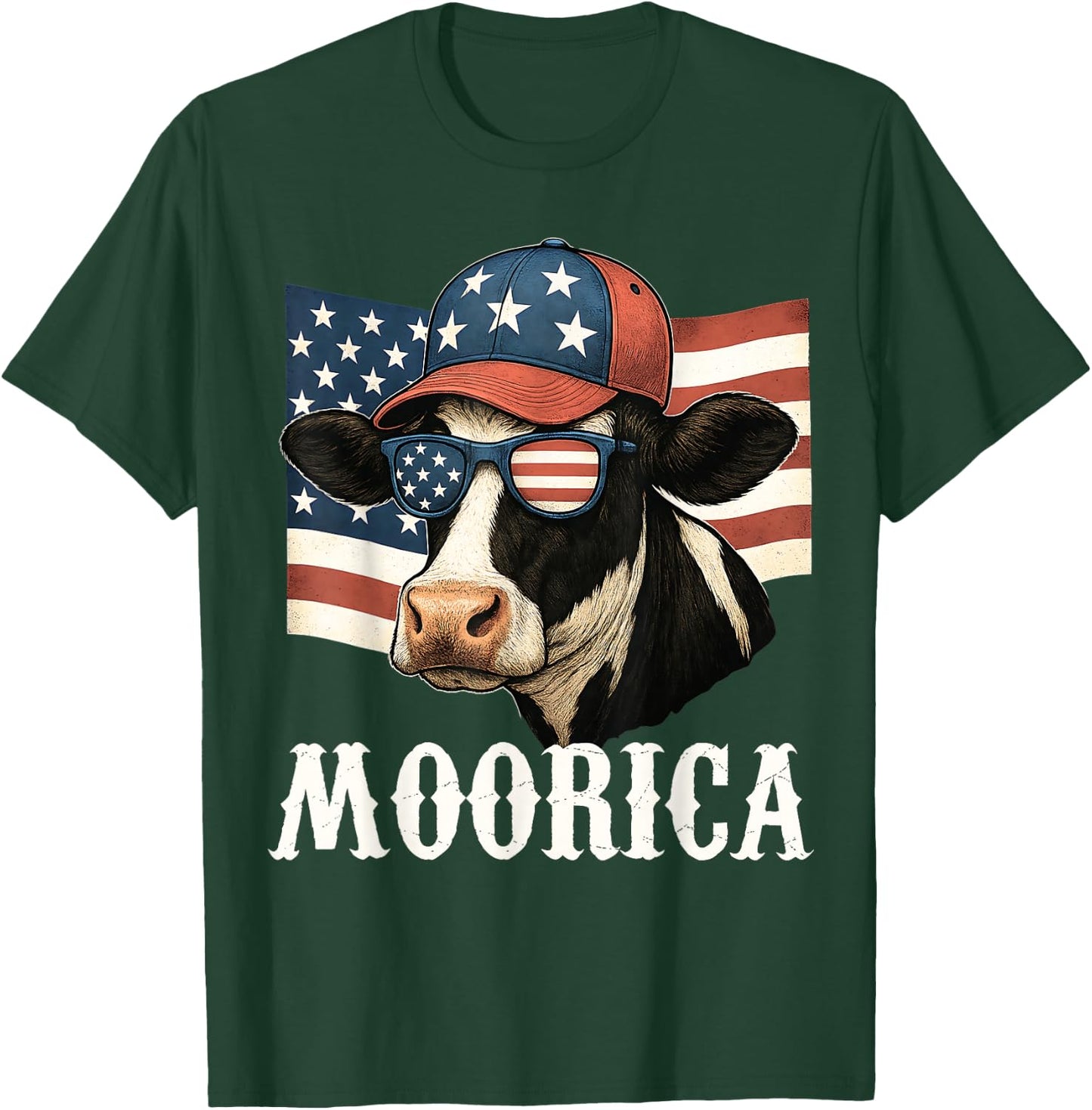 Funny Moorica 4th Of July Patriotic Cow USA Flag Farmer T-Shirt - T-Shirt | Forest