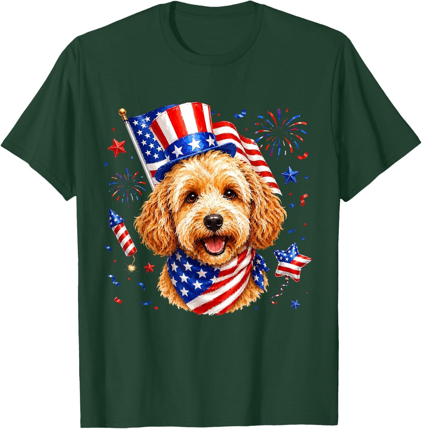 Cute Goldendoodle US American Flag 4th of July Men Women Kid T-Shirt - T-Shirt | Forest