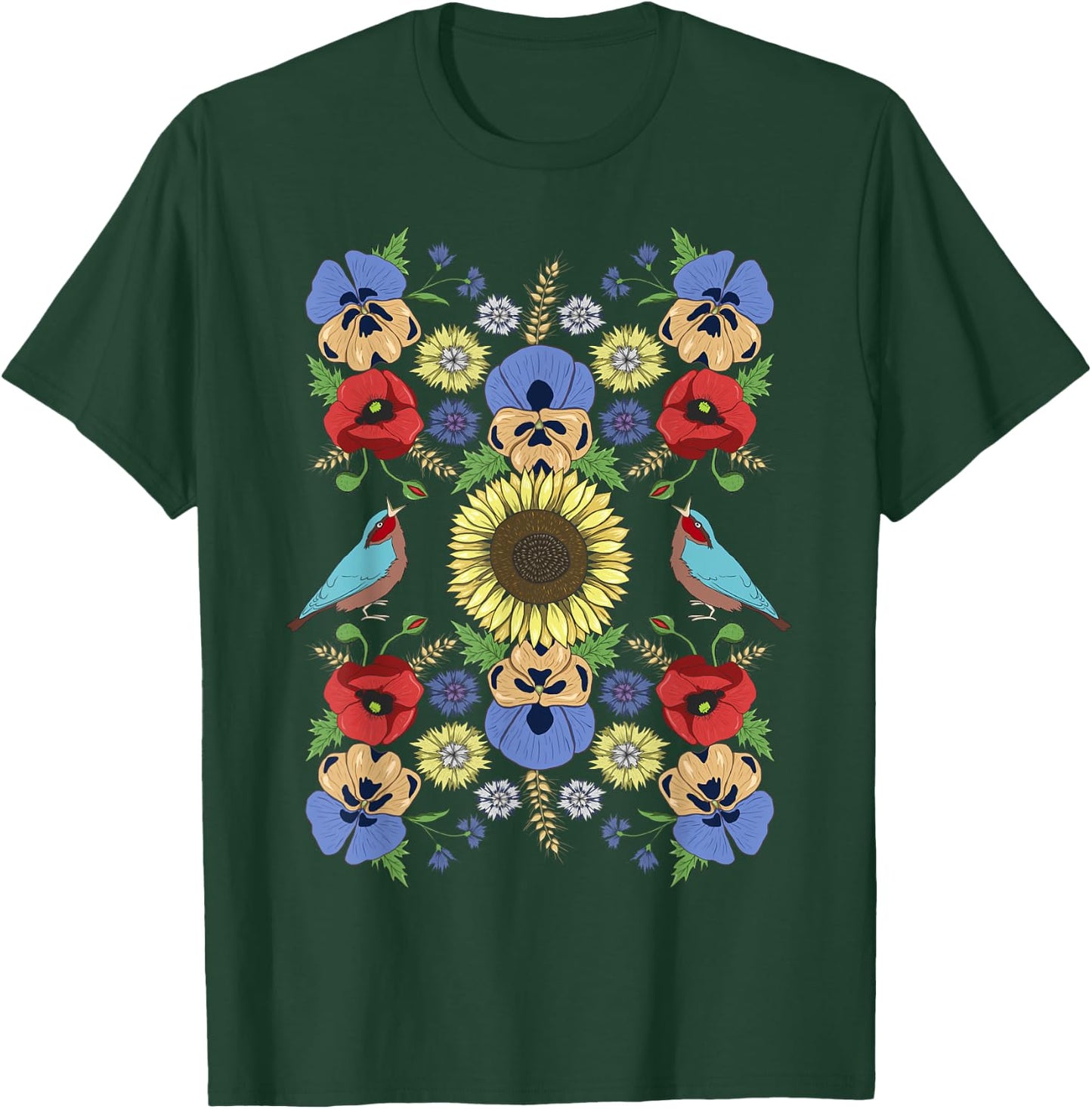 Ukraine Birds Sunflower Cute Floral Ukrainian Vyshyvanka T-Shirt - T-Shirt | Forest