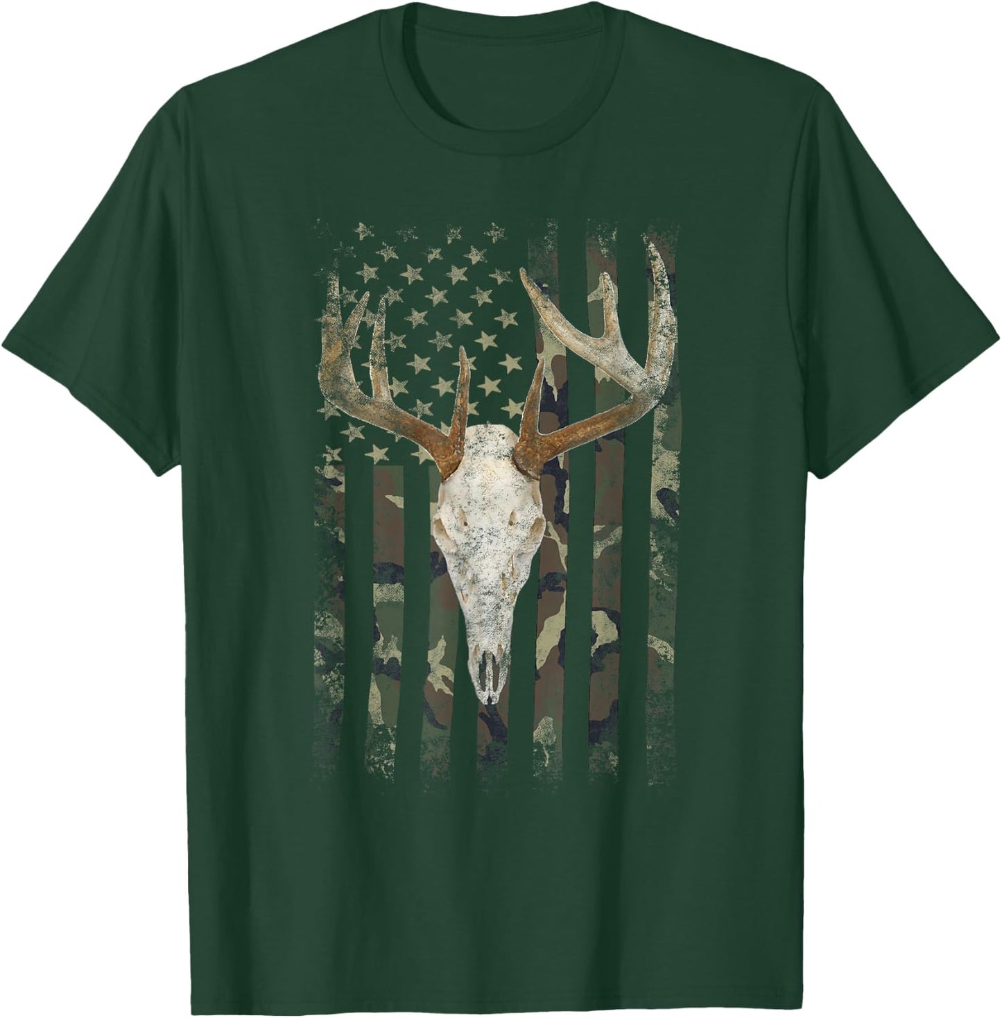 Deer Hunting Skull American Camo USA Flag Whitetail Buck T-Shirt - T-Shirt | Forest
