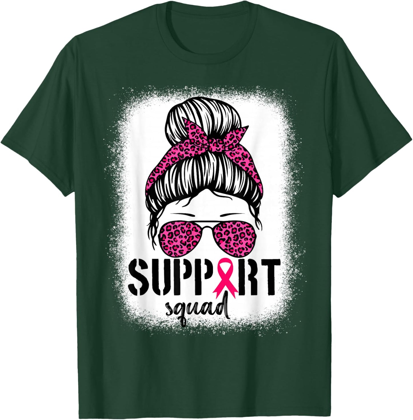 Support Squad Messy Bun Warrior Breast Cancer Awareness T-Shirt - T-Shirt | Forest