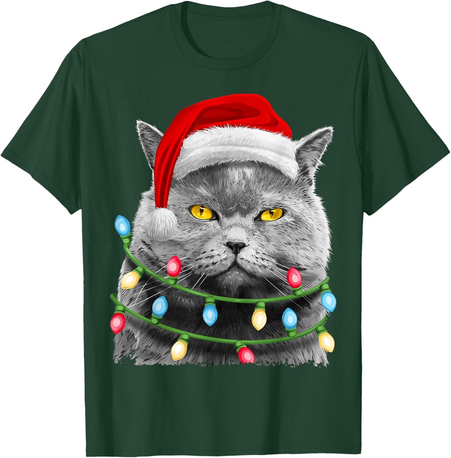 Cat Santa Christmas Tree Lights Xmas Girls Boys Meowy Catmas T-Shirt - T-Shirt | Forest