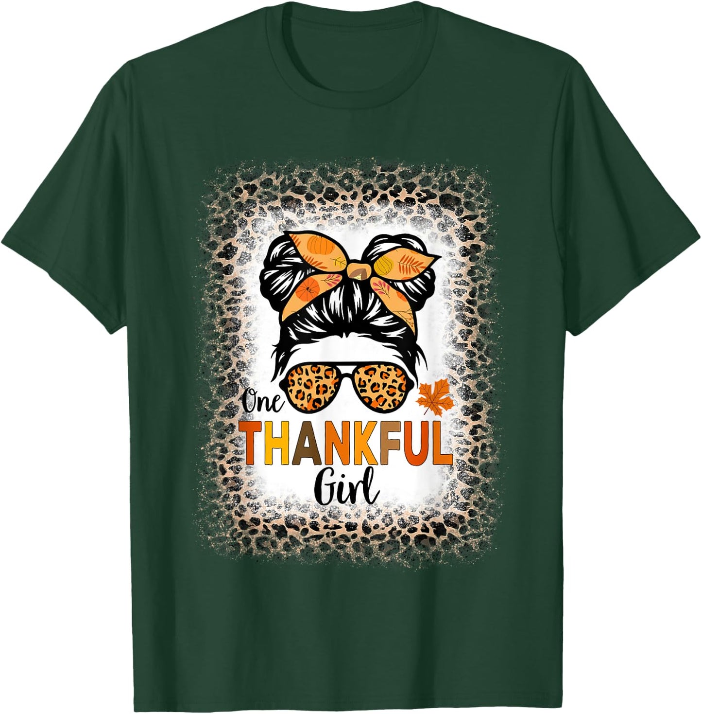 One Thankful Girl Thanksgiving Messy Bun Leopard Bleached T-Shirt - T-Shirt | Forest